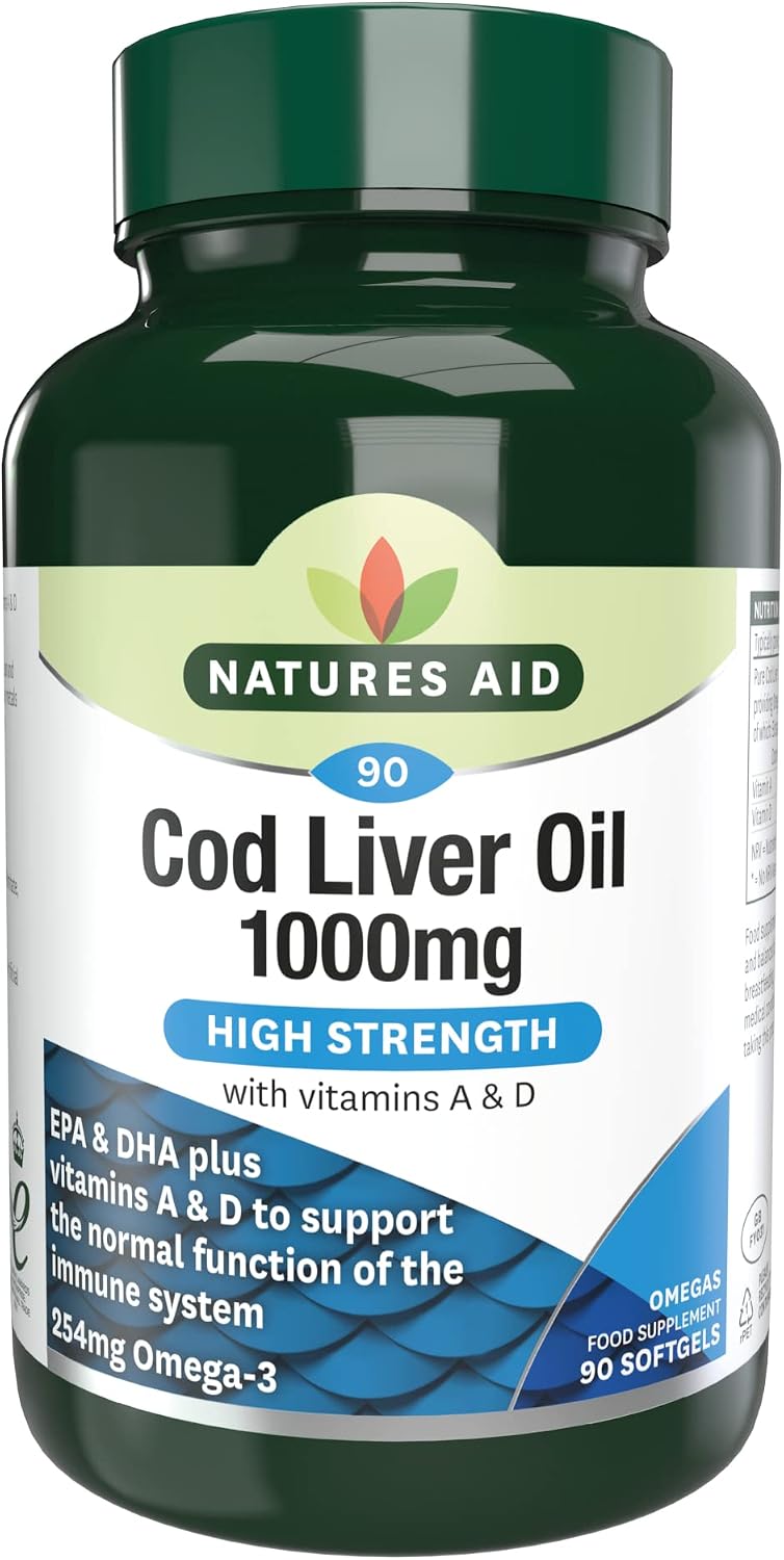 Natures Aid Cod Liver Oil 1000mg – 90 Capsules | High Strength Omega-3 with Vitamins A & D, Supports Immune System, Heart, Brain, Vision & Joints