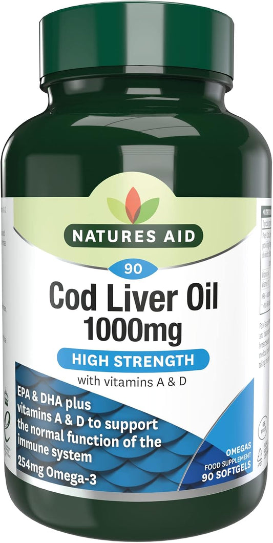 Natures Aid Cod Liver Oil 1000mg – 90 Capsules | High Strength Omega-3 with Vitamins A & D, Supports Immune System, Heart, Brain, Vision & Joints
