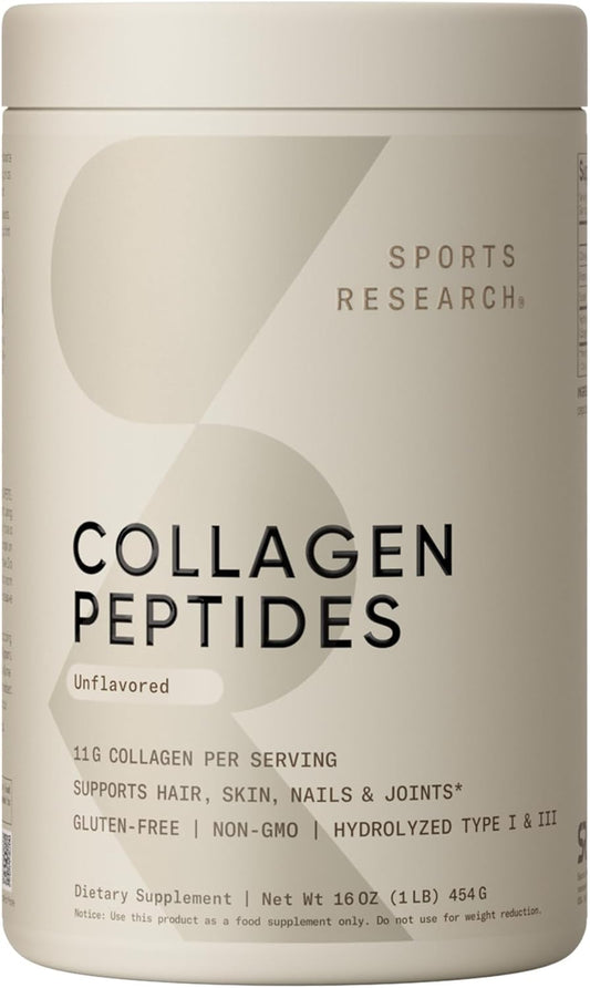 Sports Research Collagen Peptides Protein Powder 454g (Unflavored) | 11g Grass-Fed Collagen per Scoop · Hair, Skin & Joint Support · Easy to Mix in Coffee & Shakes - 41 Servings