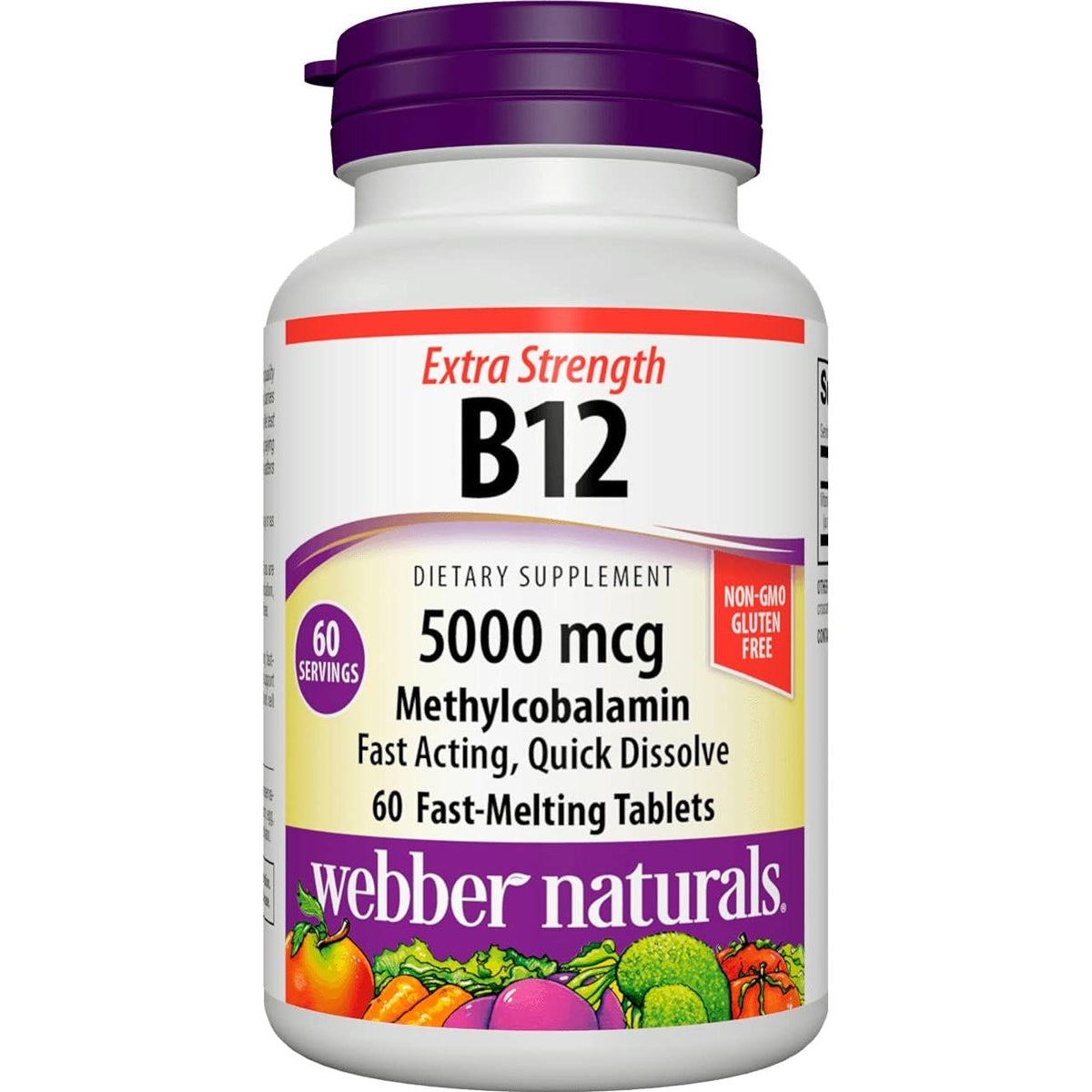 Webber Naturals Vitamin B12 Methylcobalamin 5,000 mcg, Easy Dissolve, Bioactive Sublingual Tablet, 60 Count, Supports Energy Production and Metabolism, Gluten Free