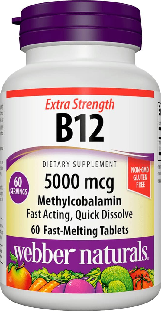 Webber Naturals Vitamin B12 Methylcobalamin 5,000 mcg, Easy Dissolve, Bioactive Sublingual Tablet, 60 Count, Supports Energy Production and Metabolism, Gluten Free
