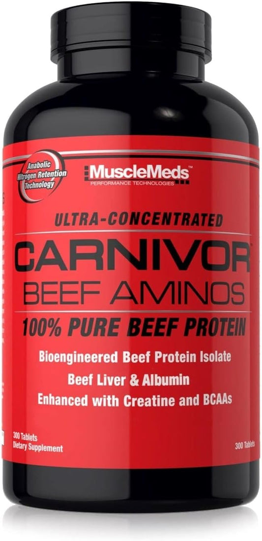 MuscleMeds Carnivor Beef Aminos, Beef Protein Isolate, Liver, Albumin, Creatine, BCAAs for Recovery and Muscle Growth, 300 Tablets
