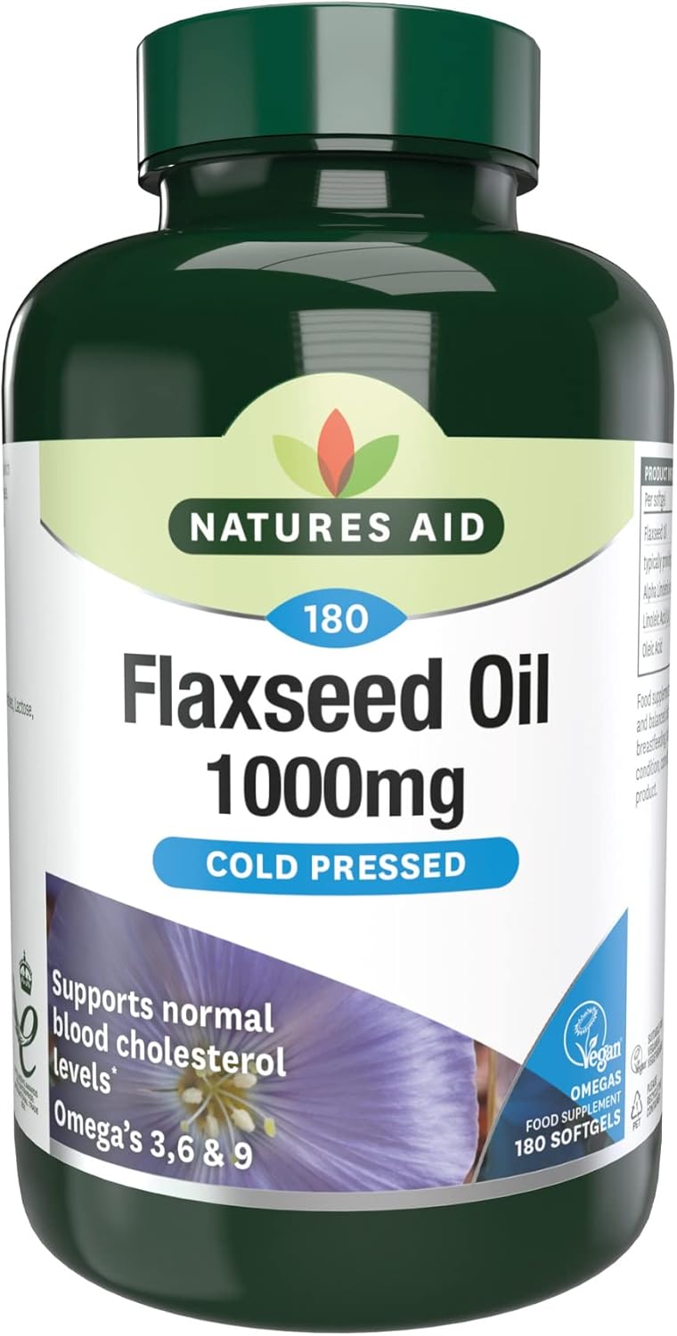 Natures Aid Flaxseed Oil 1000mg – 180 Capsules | High Strength Omega-3 Softgels, Supports Heart & Brain Function, Cold Pressed Essential Fatty Acids, Vegan