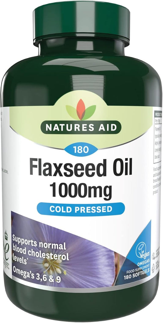 Natures Aid Flaxseed Oil 1000mg – 180 Capsules | High Strength Omega-3 Softgels, Supports Heart & Brain Function, Cold Pressed Essential Fatty Acids, Vegan