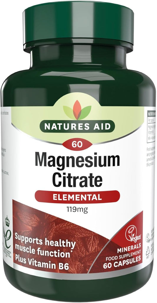 Natures Aid Magnesium Citrate 750mg with Vitamin B6 – 60 Capsules | High Absorption Vegan Formula, Supports Muscle, Nerve & Bone Health and Stress Relief, Non-GMO