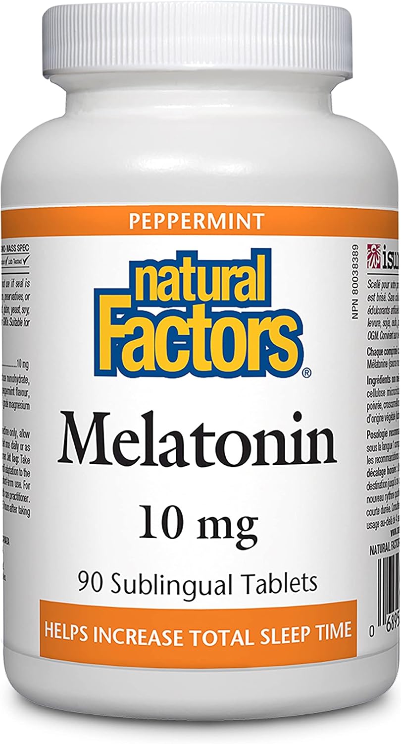 Natural Factors Melatonin 10mg, 60 Sublingual Tabs, Peppermint | Helps Increase Total Sleep Time, Reduces Effects of Jet Lag, Vegetarian, Non-GMO, Gluten Free