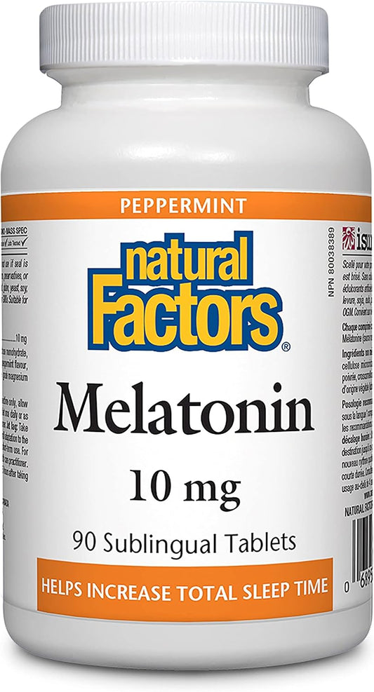 Natural Factors Melatonin 10mg, 60 Sublingual Tabs, Peppermint | Helps Increase Total Sleep Time, Reduces Effects of Jet Lag, Vegetarian, Non-GMO, Gluten Free