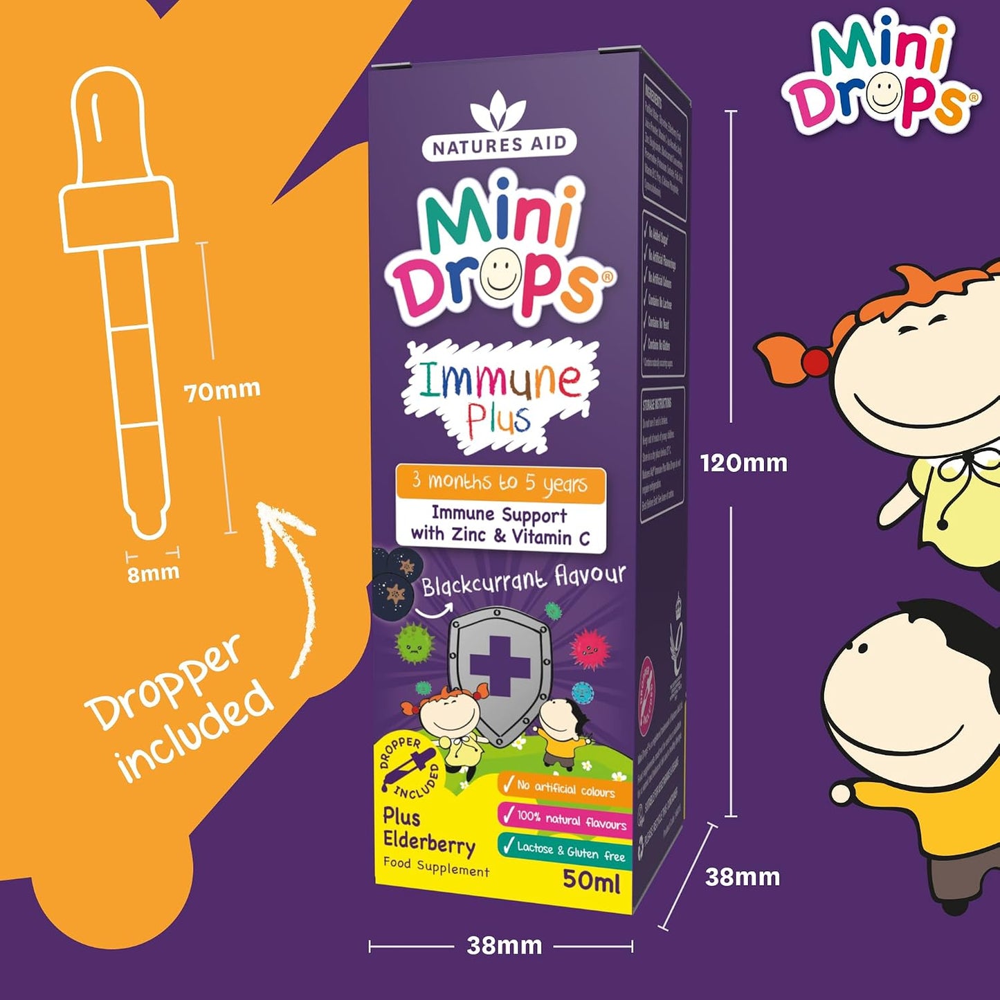 Natures Aid Mini Drops Immune Plus Supplement for Kids & Children 50ml | Immune Support with Zinc & Vitamin C, Sugar Free, Vegan, Non-GMO, Ages 0-5, Dropper Included