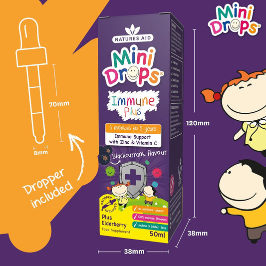 Natures Aid Mini Drops Immune Plus Supplement for Kids & Children 50ml | Immune Support with Zinc & Vitamin C, Sugar Free, Vegan, Non-GMO, Ages 0-5, Dropper Included