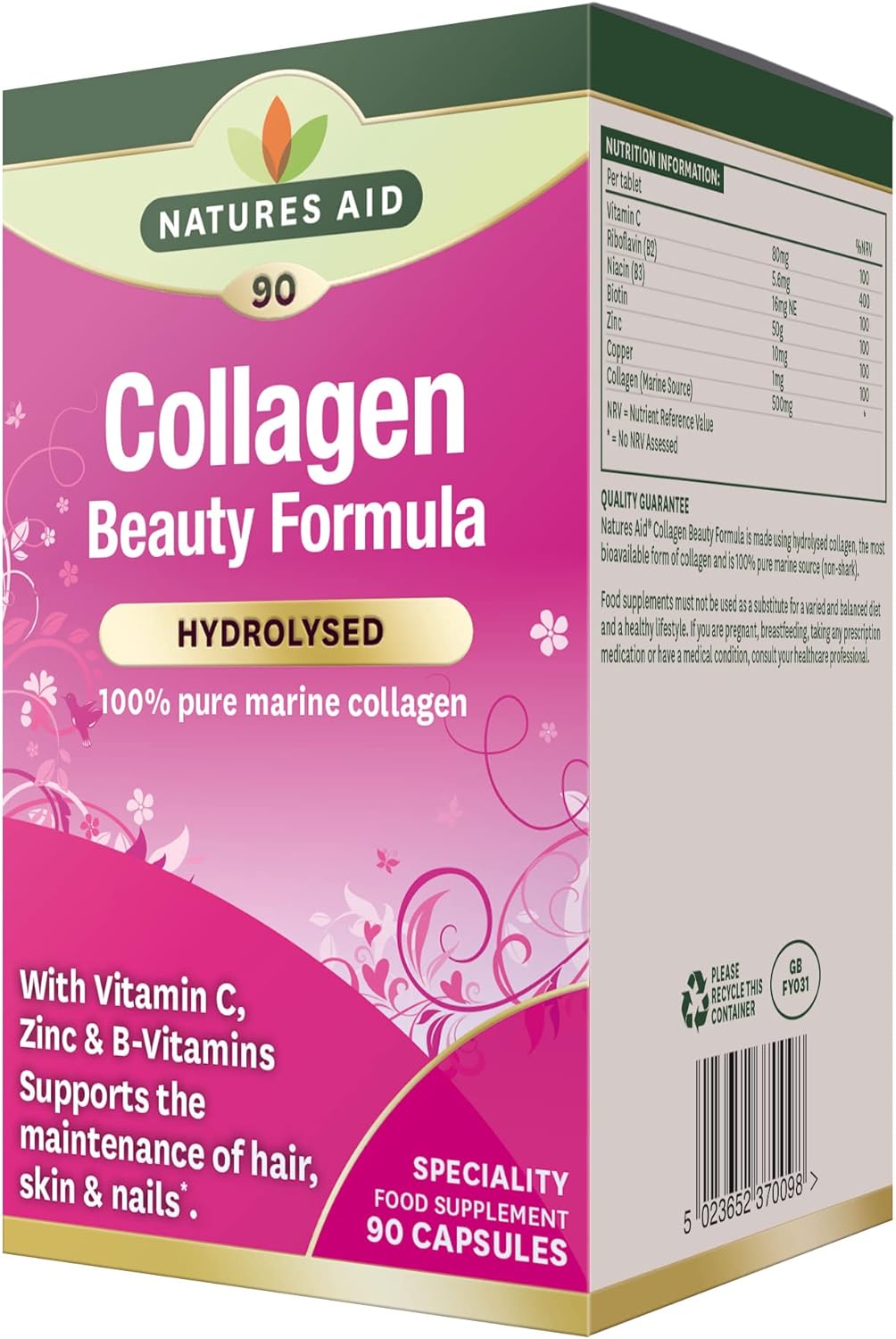 Natures Aid Collagen Beauty Formula Supplement – 90 Capsules | Marine Collagen with Vitamin C, Zinc, Biotin & B Vitamins, Supports Skin, Hair & Nail Health, High Strength