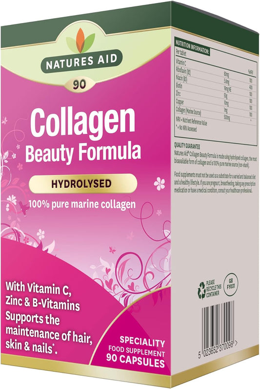 Natures Aid Collagen Beauty Formula Supplement – 90 Capsules | Marine Collagen with Vitamin C, Zinc, Biotin & B Vitamins, Supports Skin, Hair & Nail Health, High Strength