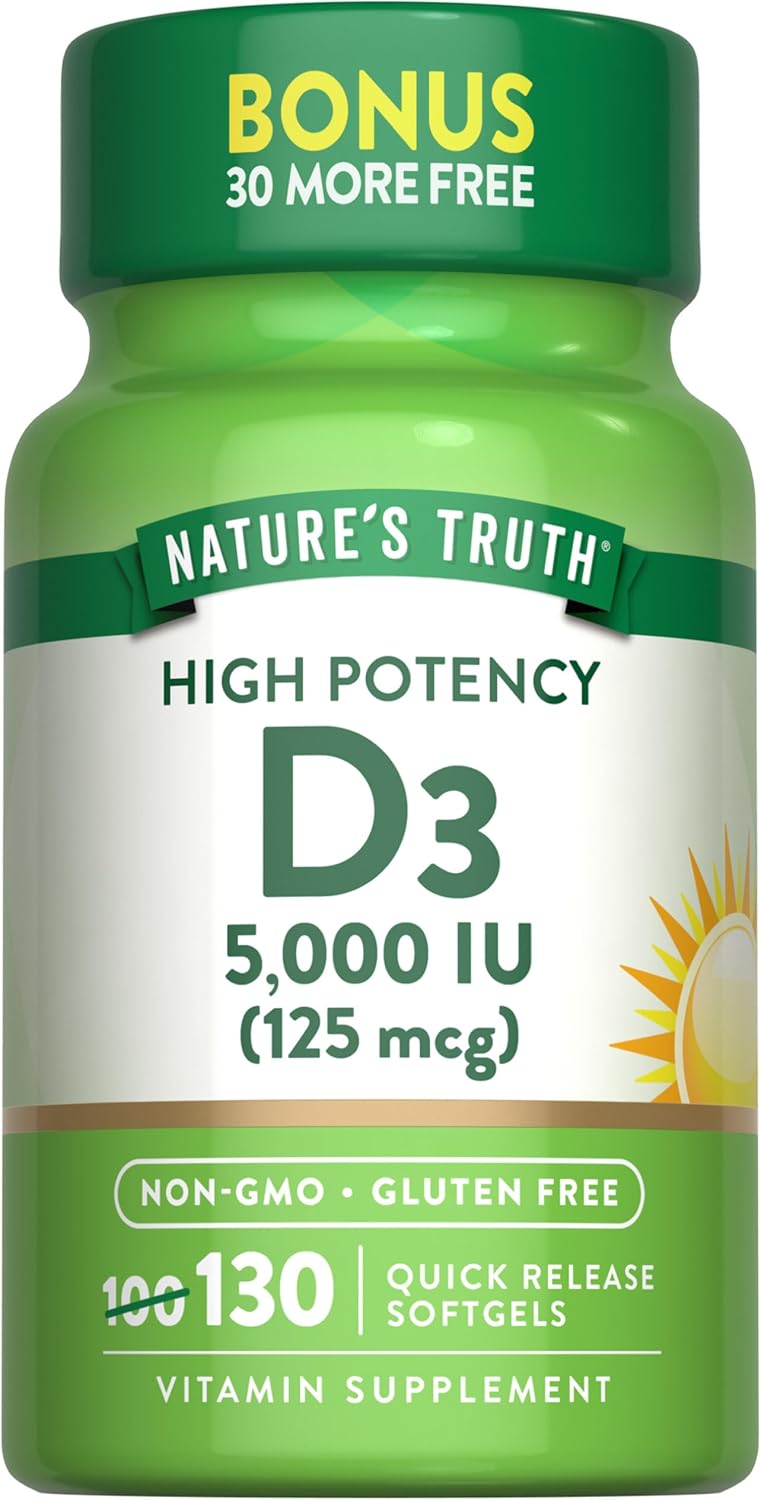 Nature's Truth Vitamin D3 5000 IU Softgels | 130 Count | High Potency | Non-GMO & Gluten Free