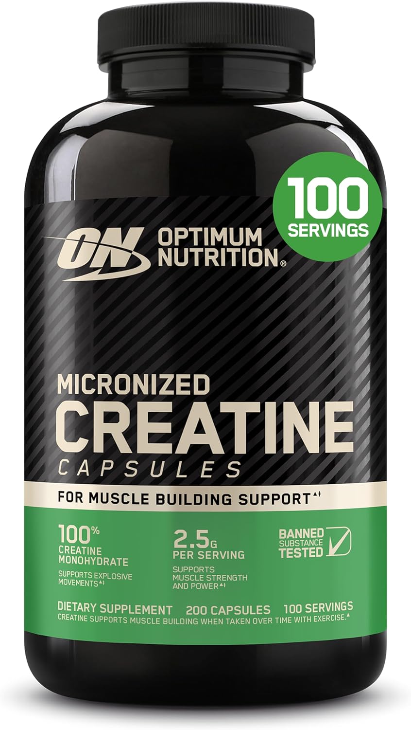 Optimum Nutrition Creatine, Micronized Creatine Monohydrate Capsules, Supports Strength & Recovery ,2.5g per Serving, 100 Servings, , Supports Muscle Building, Strength & Performance