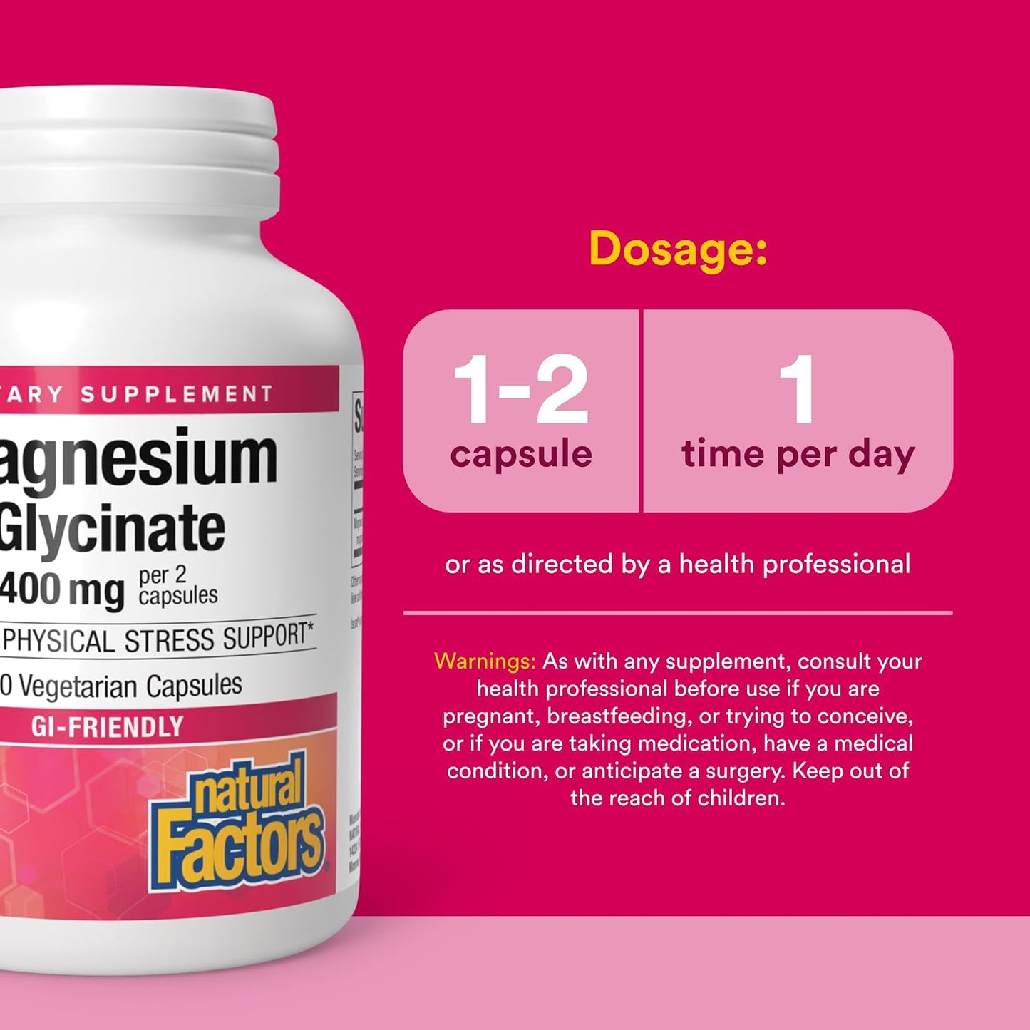 Natural Factors Magnesium Glycinate 400g - Whole-Body Health Support Supplement - Natural Magnesium Supplement Supports Sleep, Stress, Anxiety ,Bone Strength & Health - 120 Vegetarian Capsules (120 Servings)