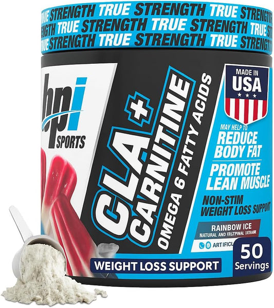 BPI Sports CLA + Carnitine Powder – Caffeine Free, Rainbow Ice 350G , 50 Servings
