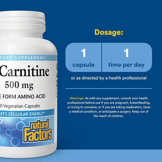 Natural Factors, L-Carnitine 500 mg, Energy Support, 60 Capsules (60 Servings)