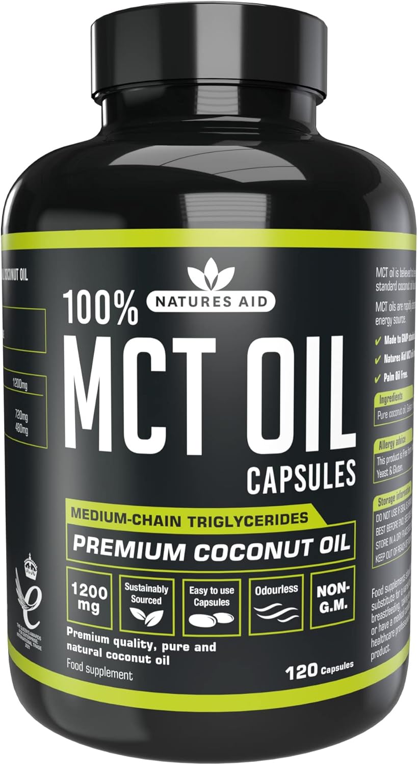 Natures Aid MCT Oil Capsules 1200mg Supplement – 120 Capsules | Premium 100% Coconut Oil, Supports Energy Boost, Metabolism & Keto Weight Management, Gluten-Free