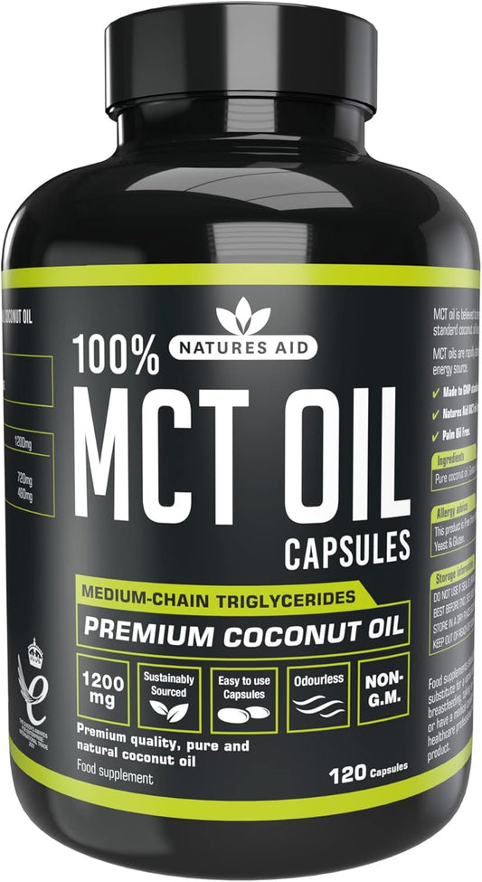 Natures Aid MCT Oil Capsules 1200mg Supplement – 120 Capsules | Premium 100% Coconut Oil, Supports Energy Boost, Metabolism & Keto Weight Management, Gluten-Free