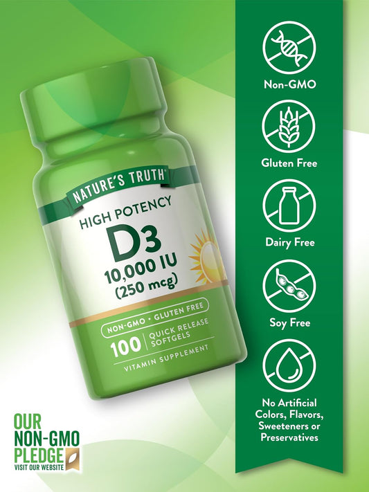 Nature's Truth D3 Vitamin 10,000 IU Softgels Supplement | 100 Count | High Potency Formula | Non-GMO and Gluten Free