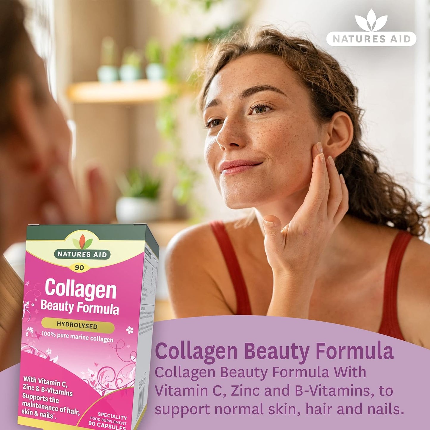 Natures Aid Collagen Beauty Formula Supplement – 90 Capsules | Marine Collagen with Vitamin C, Zinc, Biotin & B Vitamins, Supports Skin, Hair & Nail Health, High Strength