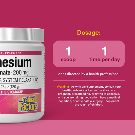 Natural Factors Magnesium Bisglycinate Powder - Whole-Body Health Support Supplement - Natural Magnesium Supplement Supports Sleep, Stress, Anxiety, Bone Strength & Health -120g