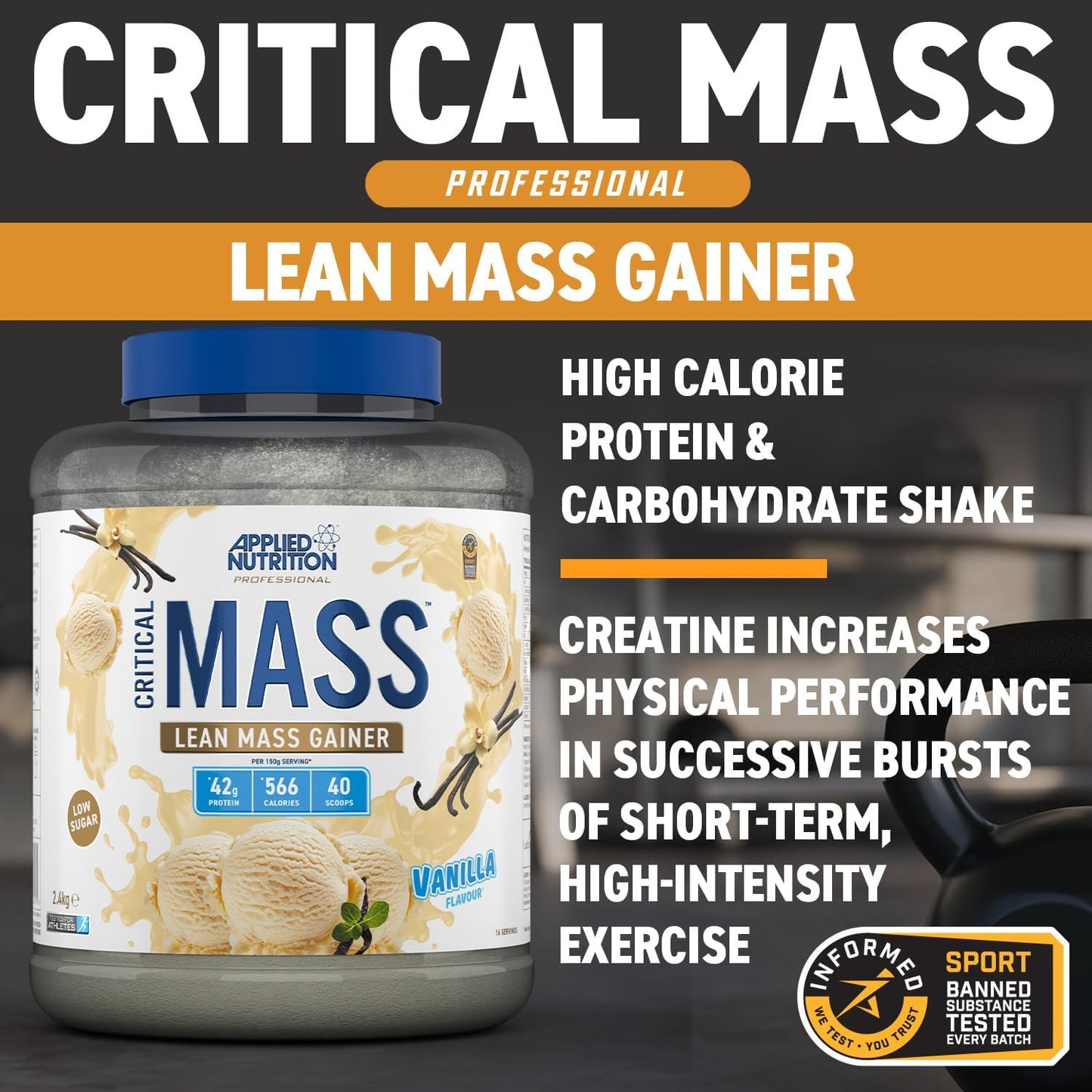 Applied Nutrition Original Critical Mass - Weight Gainer with MCT Powder, High Calorie Protein Powder Mass Gainer (2.4kg - 40 Scoop