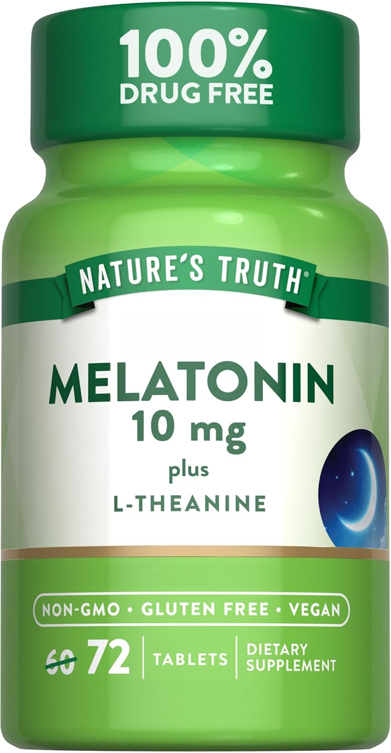 Nature's Truth Maximum Strength Melatonin 10 mg Plus L-Theanine Capsules, 72 Count