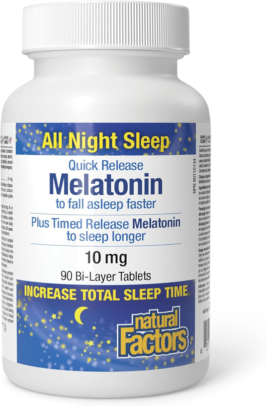 Natural Factors Melatonin 10mg, 90 Bi-Layer Tablets | Quick Release Plus Timed Release, Helps You Fall Asleep Faster & Increase Total Sleep Time, Sleep Aid