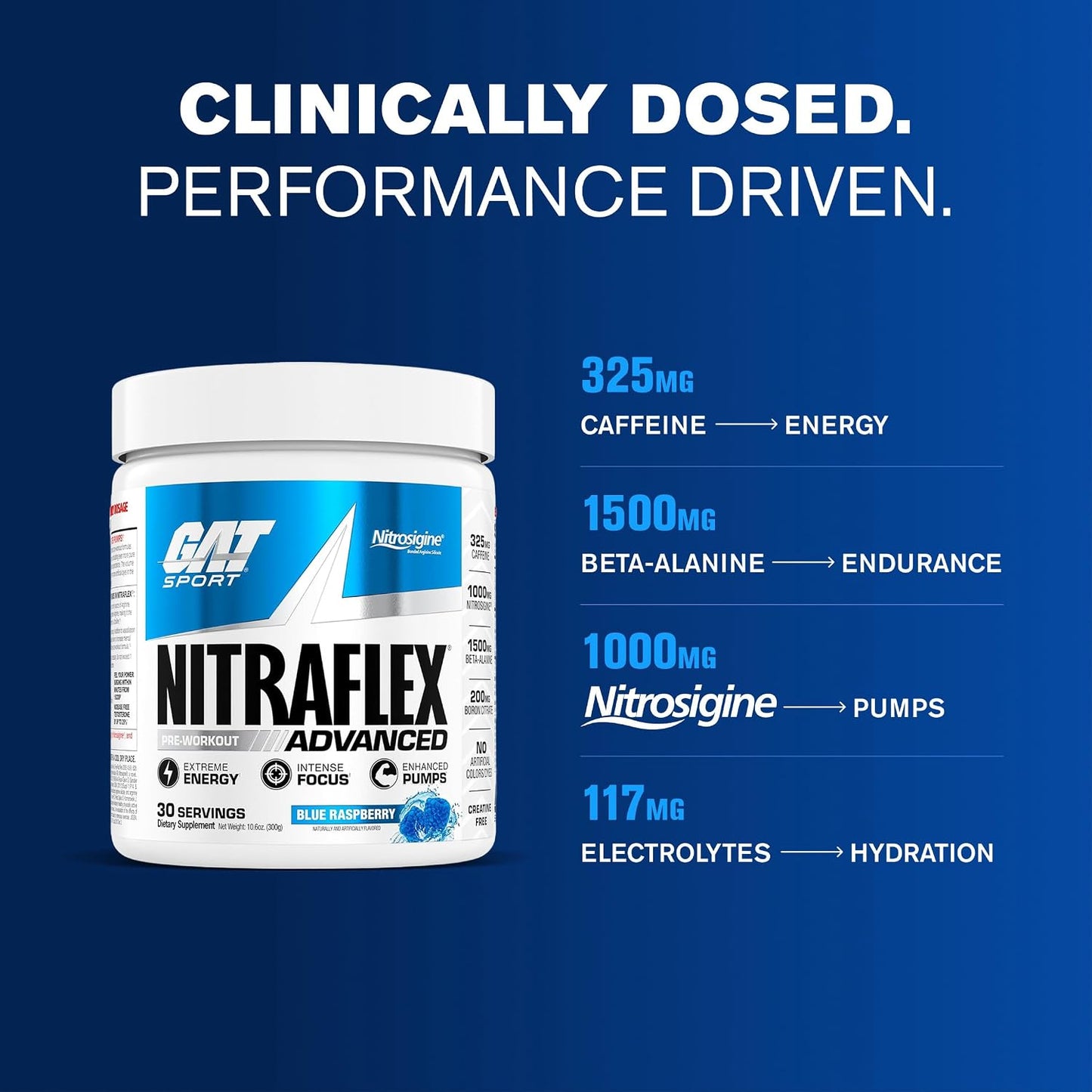 GAT SPORT NITRAFLEX Advanced, Blue Raspberry, 300G (30 Servings) | Pre-Workout Powder, Energy Drink Mix, Supports Healthy Blood Flow, Boosts Strength & Energy, Creatine-Free