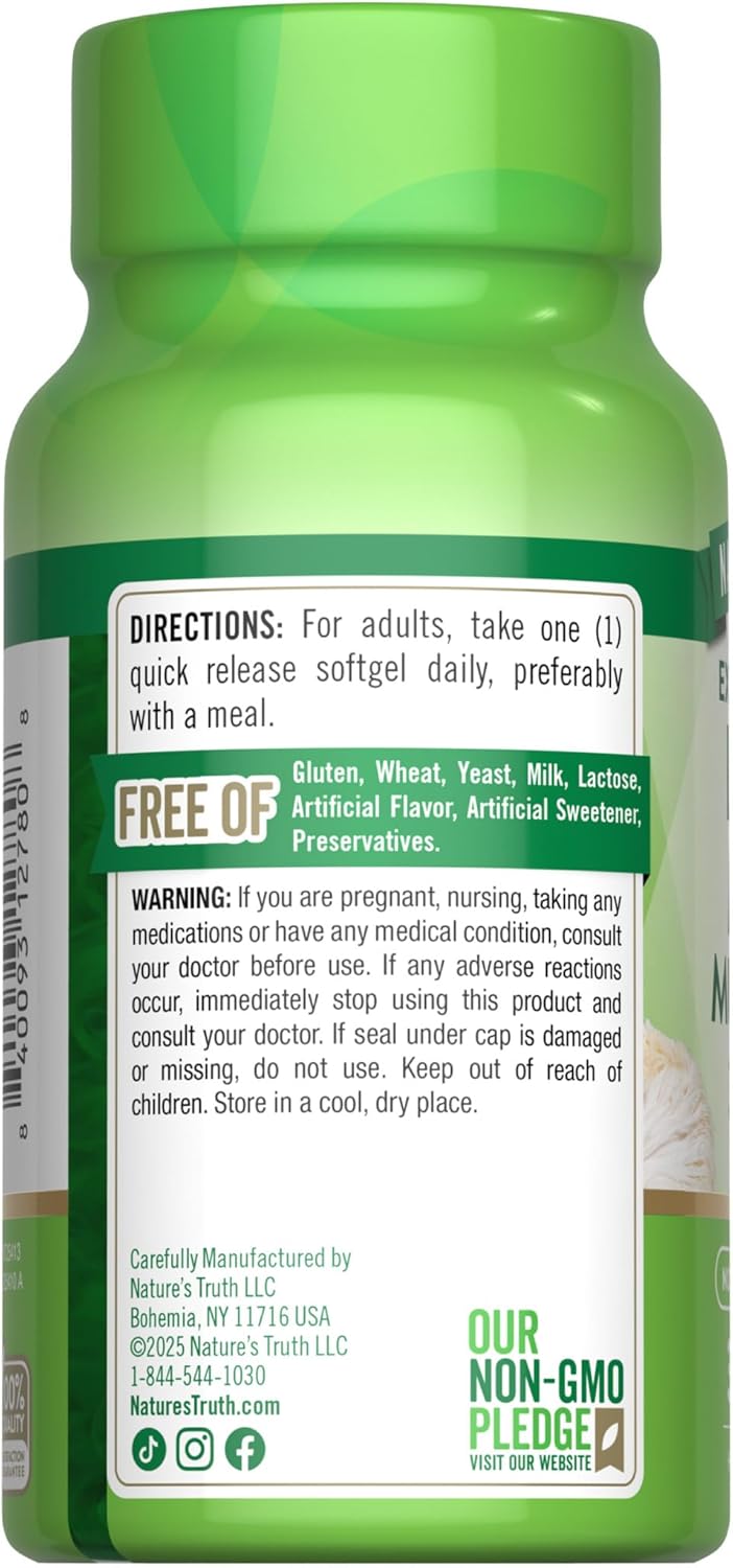 Nature's Truth Lions Mane Mushroom Softgels | 30 Count | Extra Strength | Non GMO & Gluten Free
