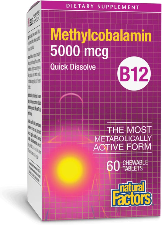 Natural Factors, Vitamin B12 Methylcobalamin 5000 mcg, Chewable Support for Nerve -Energy and Immune Health, Vegetarian, 60 tablets