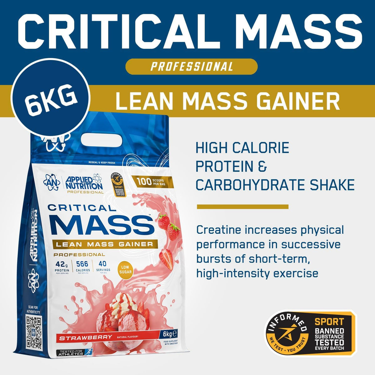 Applied Nutrition Critical Mass Professional - Weight Gain Protein Powder, High Calorie Weight Gainer, Lean Mass (6kg - 40 Servings) (Vanilla)