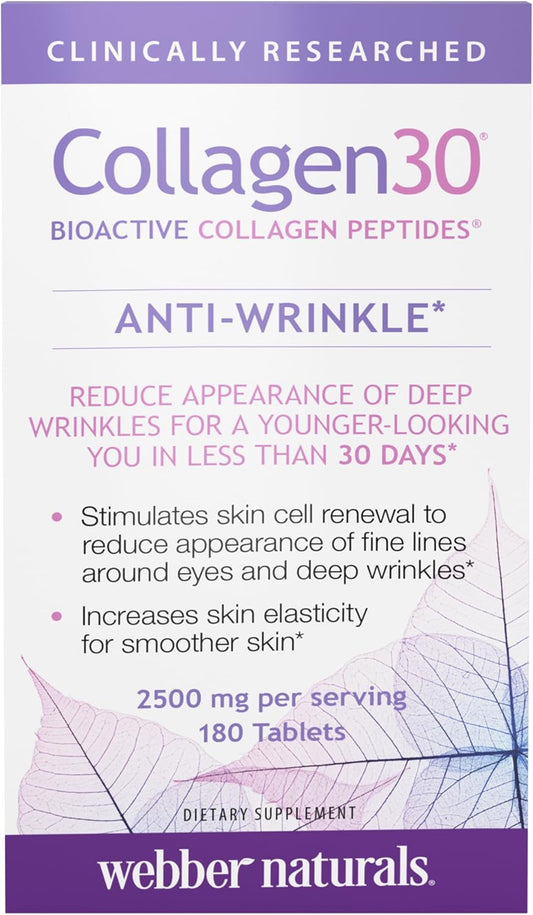 Webber Naturals Hydrolyzed Collagen Peptides, Anti-Wrinkle, 180 Tablets | Bioactive Collagen30, 60 Days Supply, Helps Reduce Deep Wrinkles, Fine Lines,