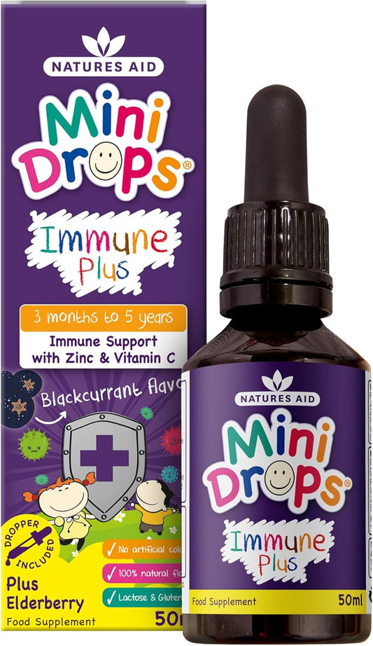Natures Aid Mini Drops Immune Plus Supplement for Kids & Children 50ml | Immune Support with Zinc & Vitamin C, Sugar Free, Vegan, Non-GMO, Ages 0-5, Dropper Included