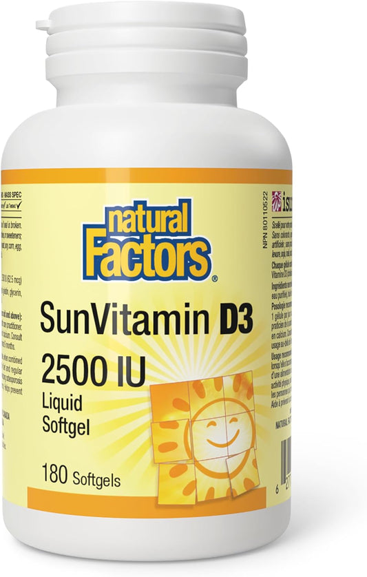 Natural Factors Sun Vitamin D 2500 IU 180 Softgels D3 Vitamin | HIGH POTENCY, Helps Prevent Vitamin D3 Deficiency
