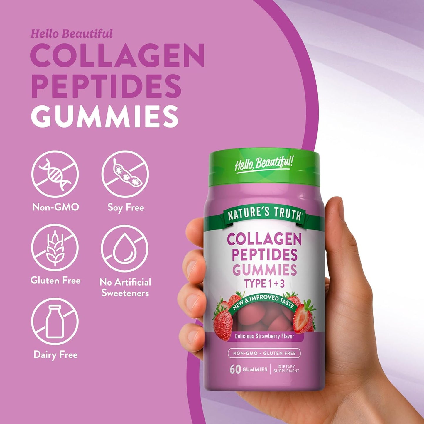 Nature's Truth Collagen Peptide Gummies for Women | 60 Count | Type 1 & 3 | Strawberry Flavor | Non-GMO & Gluten Free