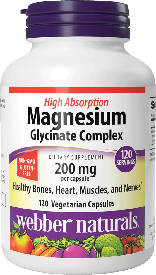 Webber Naturals Magnesium Glycinate 200mg, High Absorption, 120 Capsules | Magnesium Bisglycinate Supplements for Relaxatio, Sleep, Inner Calm, Sleep , Bones, Heart, Muscles & Nerves
