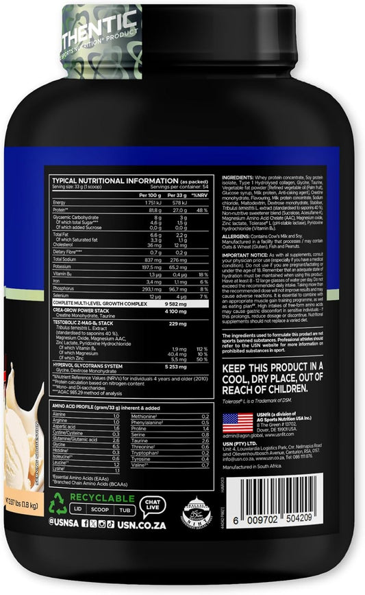 USN Hardcore Whey gH Protein Powder | 1.8kg – 54 Servings | French Vanilla | 27g Protein & 3g Creatine Per Serving | Tribulus Terrestris, Zinc & Magnesium | All-in-One Lean Muscle Growth & Recove