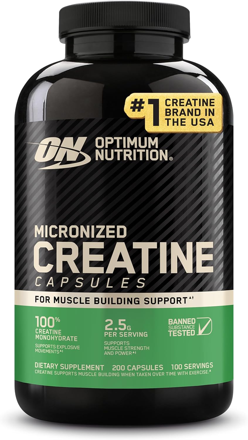 Optimum Nutrition Creatine, Micronized Creatine Monohydrate Capsules, Supports Strength & Recovery ,2.5g per Serving, 100 Servings, , Supports Muscle Building, Strength & Performance