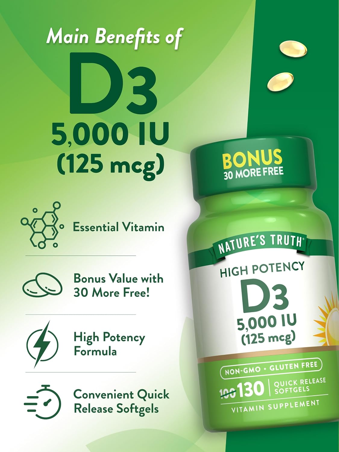 Nature's Truth Vitamin D3 5000 IU Softgels | 130 Count | High Potency | Non-GMO & Gluten Free