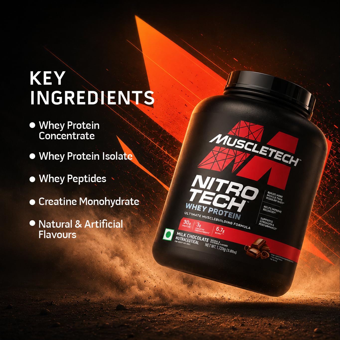 MuscleTech Nitro-Tech Whey Protein, 1.81kg (4lbs)-41 servings  Milk Chocolate, 30g Protein, 3g creatine monohydrate,  BCAA, ultimate muscle building formula, increase strength & performance