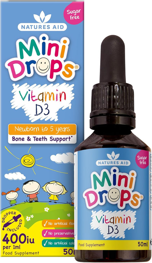 Natures Aid Mini Drops Vitamin D3 Liquid Supplement - 50ml | For Infants & Kids, Supports Bone, Teeth & Immune System, Sugar Free, Vegan, Non-GMO, Gluten-Free, Dropper Included