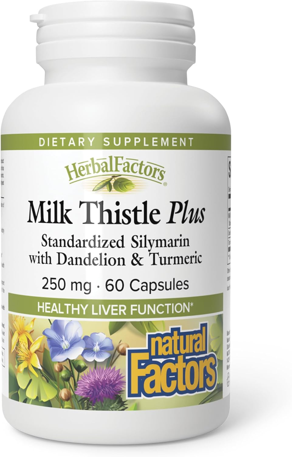 Natural Factors HerbalFactors, Milk Thistle 250 mg, Promotes Healthy Liver Function with Dandelion and Turmeric, 60 Capsules