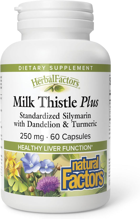 Natural Factors HerbalFactors, Milk Thistle 250 mg, Promotes Healthy Liver Function with Dandelion and Turmeric, 60 Capsules