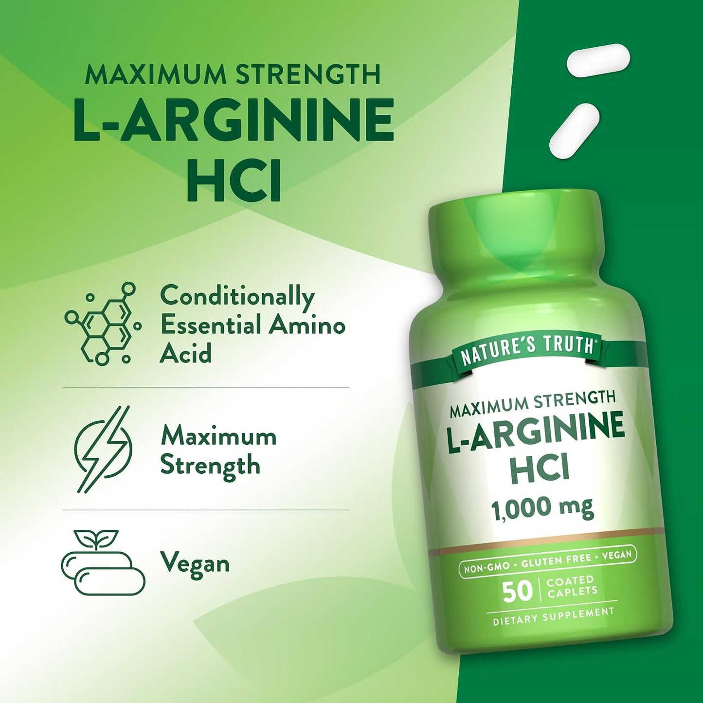 Nature's Truth L-Arginine HCL 1000mg | 50 Caplets | Essential Amino Acid Supplement | Vegan, Non-GMO & Gluten Free
