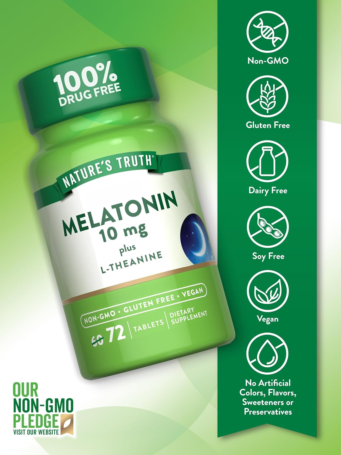 Nature's Truth Maximum Strength Melatonin 10 mg Plus L-Theanine Capsules, 72 Count