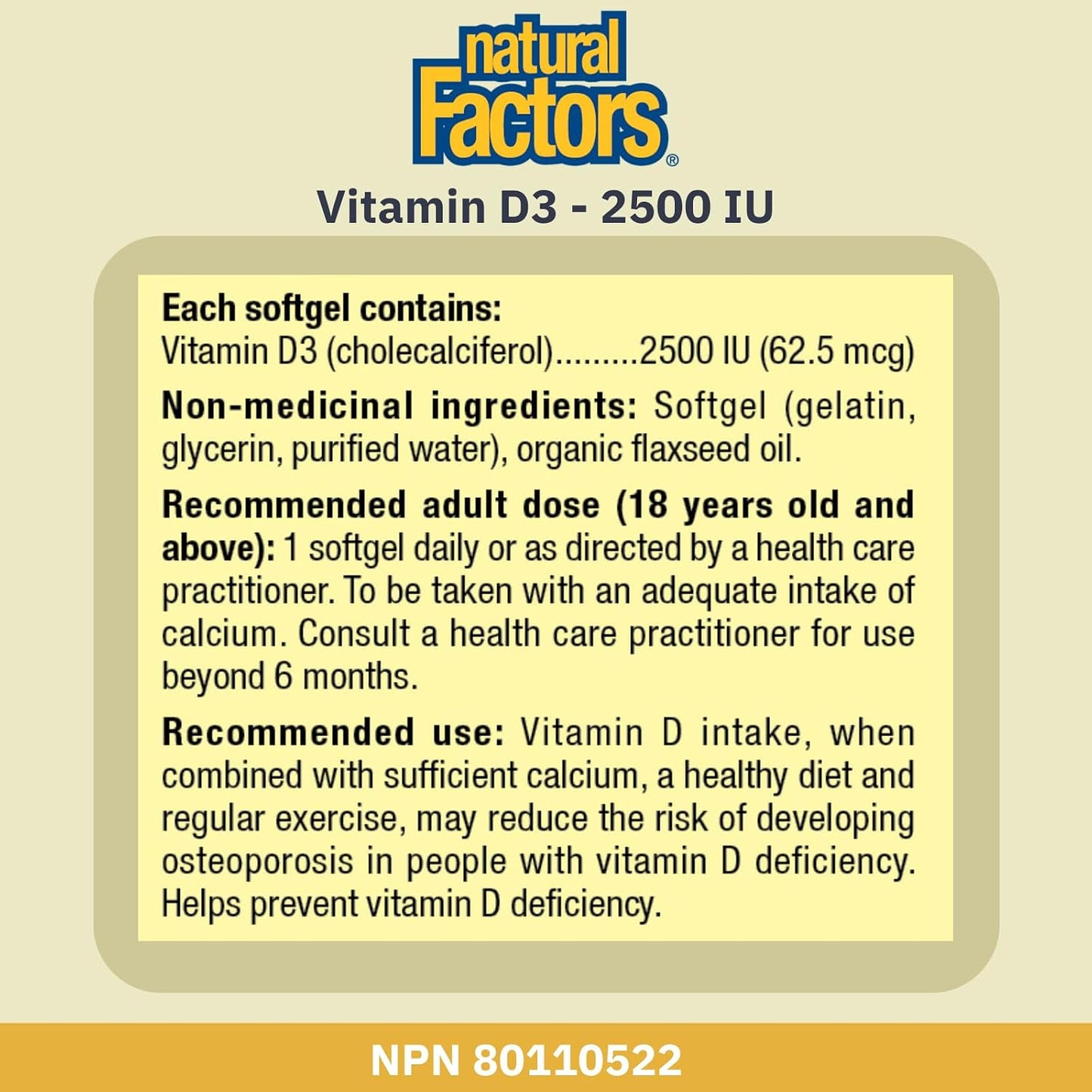 Natural Factors Sun Vitamin D 2500 IU 180 Softgels D3 Vitamin | HIGH POTENCY, Helps Prevent Vitamin D3 Deficiency
