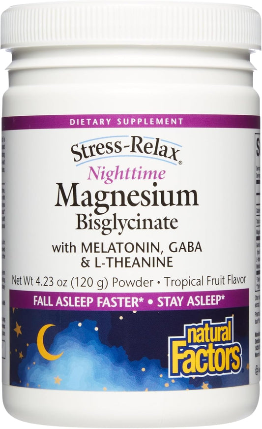 Natural Factors Stress-Relax Nighttime Magnesium Bisglycinate - Supports Sleep & Relaxation* - with Melatonin, L-Theanine & GABA - Tropical Flavor  120G