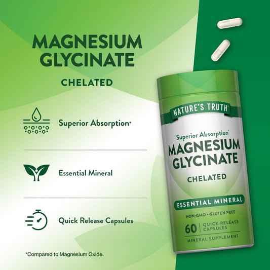 Nature's Truth Magnesium Glycinate Capsules | 200mg | 60 Count | Chelated Superior Absorption Formula | Non-GMO & Gluten Free