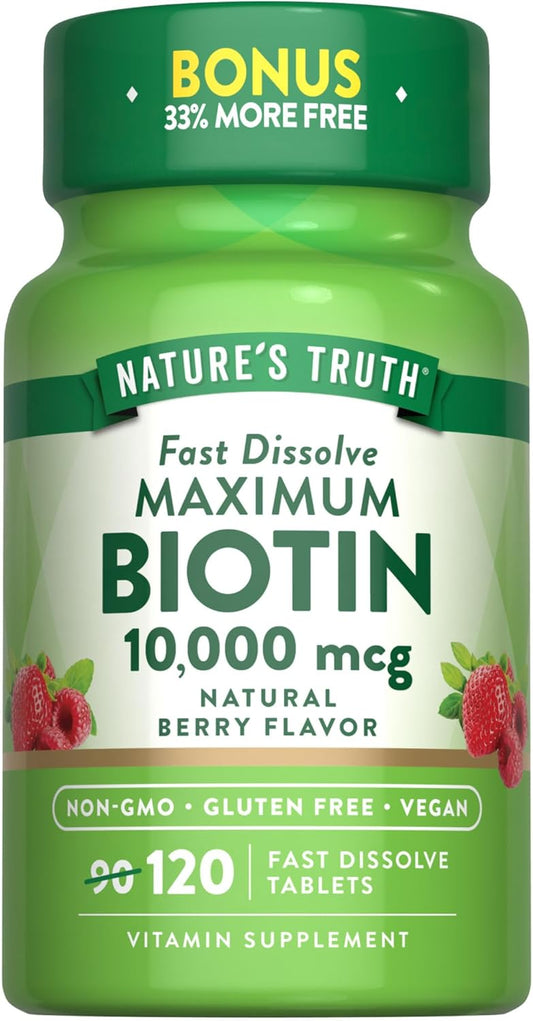 Nature's Truth Biotin 10000mcg | 120 Fast Dissolve Tablets | Maximum Strength | Natural Berry Flavor